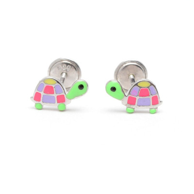 Pendientes Plata Bebé Niña Infantil Rosca La Petra Tortuga Colores