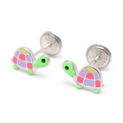 Pendientes Plata Bebé Niña Infantil Rosca La Petra Tortuga Colores