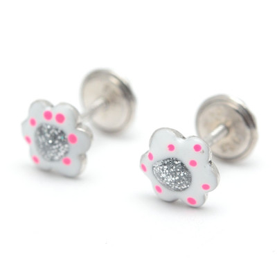 Pendientes Plata Bebé Niña Infantil Rosca La Petra Flor Blanca