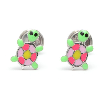 Pendientes Plata Bebé Niña Infantil Rosca La Petra Tortuga Verde