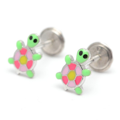 Pendientes Plata Bebé Niña Infantil Rosca La Petra Tortuga Verde