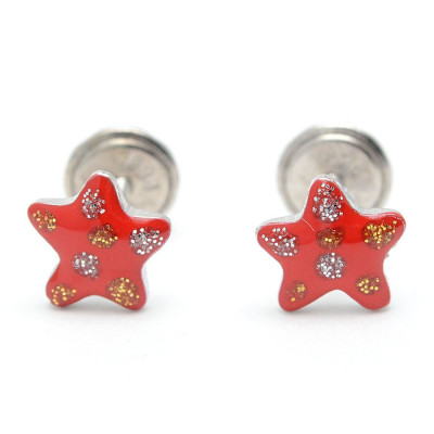 Pendientes Plata Chica Bebé Niña Infantil Navidad Estrella Roja