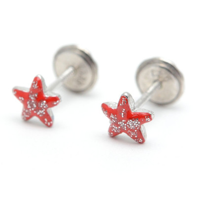 Pendientes Plata Chica Bebé Niña Infantil Navidad Estrella Roja