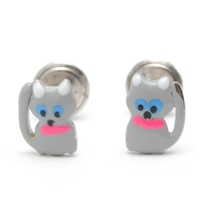 Pendientes Plata Bebé Niña Infantil Rosca Gato Gris