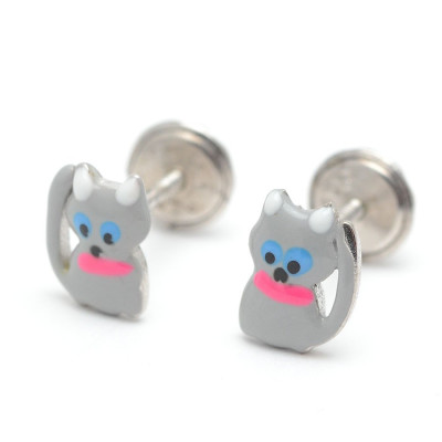 Pendientes Plata Bebé Niña Infantil Rosca Gato Gris