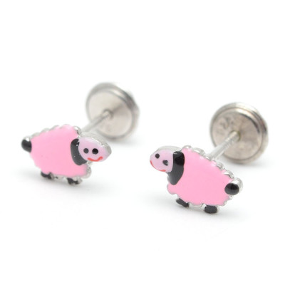 Pendientes Plata Bebé Niña Infantil Rosca Ovejita Rosa