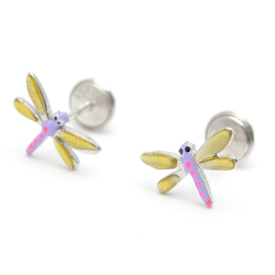 Pendientes Plata Bebé Niña Infantil Rosca Libélula Lila