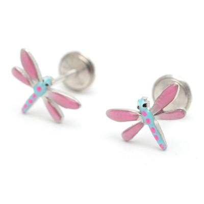 Pendientes Plata Bebé Niña Infantil Rosca Libélula Azul Turquesa