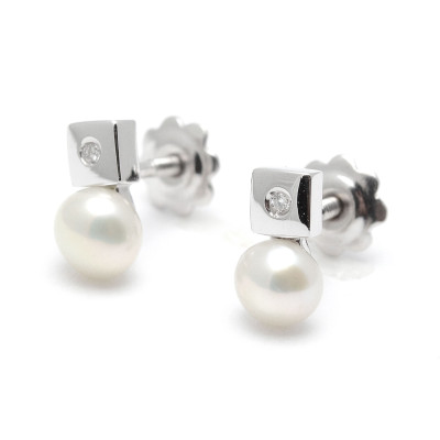 Pendientes Oro Blanco Diamantes Perla Cuadrados