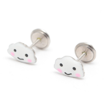 Pendientes Plata Bebé Niña Infantil Rosca Nube Blanca
