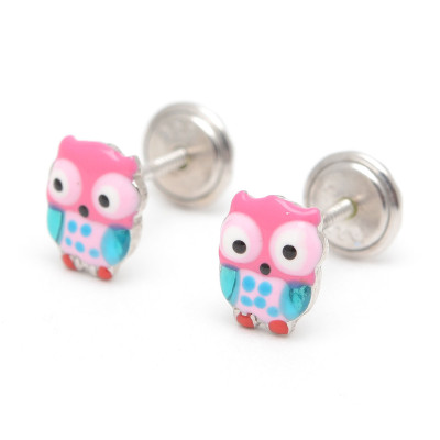 Pendientes Plata Bebé Niña Infantil Rosca Búho Azul y Rosa