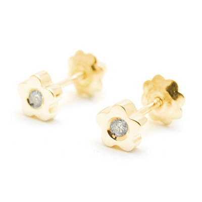Pendientes Oro Bebé Niña Infantil Rosca Flor Diamante