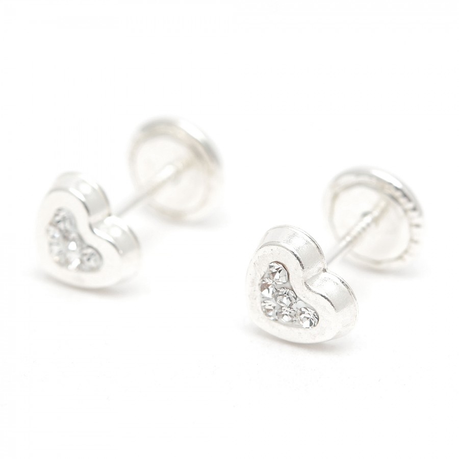 Pendientes de plata de rosca de corazones con cristales