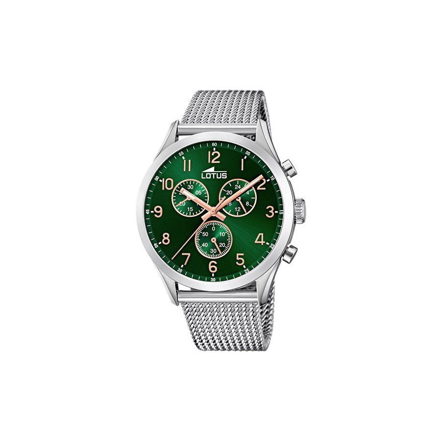 Reloj para hombre Lotus verde con brazalete de malla de acero