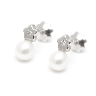 Pendientes Oro Blanco Bebé Niña Infantil Flor Diamante Perla