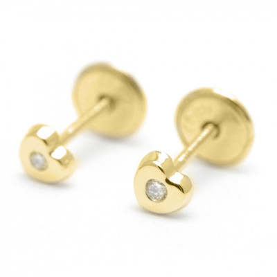 Pendientes Oro Bebé Niña Infantil Corazones con Diamantes