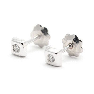 Pendientes Oro Blanco Chico Bebé Niña Infantil Rosca Cuadrado Circon Pendientes Oro Blanco Chico Bebé Niña Infantil Rosca Cuadrado Circon