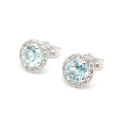 Pendientes Oro Blanco LeCarré Rosetón Diamantes Topacio Azul