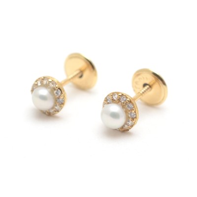 Pendientes Oro Círculo Rosetón Perla Circonitas