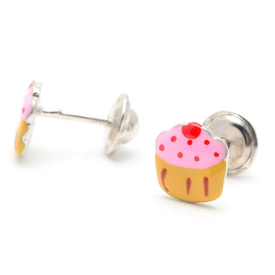 Pendientes Plata Bebé Niña Infantil Rosca Petra Muffin Magdalena Rosa