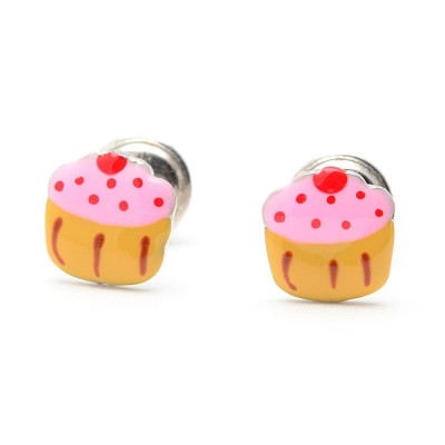 Pendientes Plata Bebé Niña Infantil Rosca Petra Muffin Magdalena Rosa
