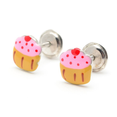 Pendientes Plata Bebé Niña Infantil Rosca Petra Muffin Magdalena Rosa