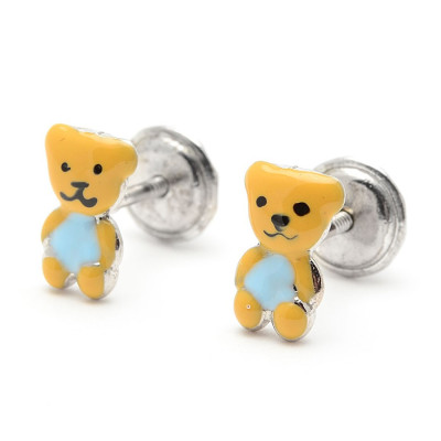 Pendientes Plata Bebé Niña Infantil Rosca Petra Osito Azul