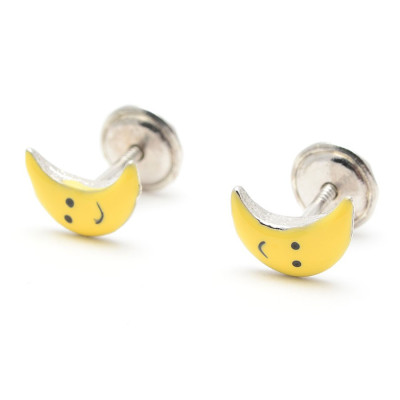 Pendientes Plata Bebé Niña Infantil Rosca Petra Media Luna Amarilla