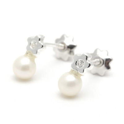 Pendientes Plata Bebe Niña Infantil Perla Estrella Circonita