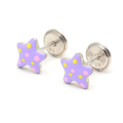 Pendientes Plata Bebé Niña Infantil Rosca La Petra Estrella Lila