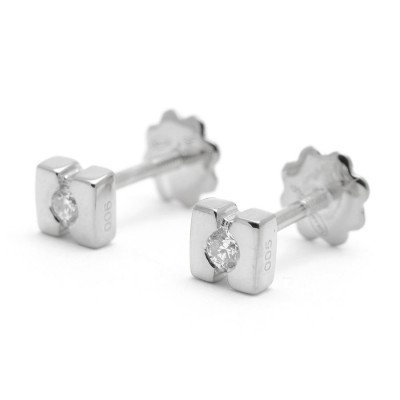 Pendientes Oro Blanco Chico Bebé Niña Infantil Rosca Cuadrado Diamante