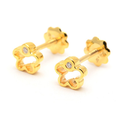 Pendientes Oro Bebé Niña Infantil Rosca Flor Diamante