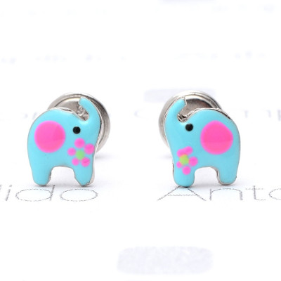 Pendientes Plata Bebé Niña Infantil Rosca La Petra Elefante Azul