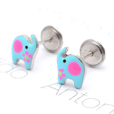 Pendientes Plata Bebé Niña Infantil Rosca La Petra Elefante Azul
